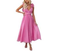 Damen Chiffon Rüschen Ballkleider - Sommer V Ausschnitt Puffärmel Lange Swing Kleider Gestuft Rückenfrei Formelle Abendkleider Party Brautjungfer Hochzeit Gäste Maxikleid, rose, X-Large
