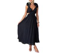 Damen Chiffon Rüschen Ballkleider - Sommer V Ausschnitt Puffärmel Lange Swing Kleider Gestuft Rückenfrei Formelle Abendkleider Party Brautjungfer Hochzeit Gäste Maxikleid, Schwarz , L
