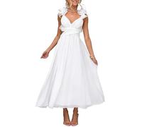 Damen Chiffon Rüschen Ballkleider - Sommer V Ausschnitt Puffärmel Lange Swing Kleider Gestuft Rückenfrei Formelle Abendkleider Party Brautjungfer Hochzeit Gäste Maxikleid, weiß, Small