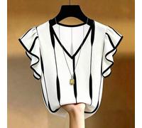 Damen-Chiffon-Top im französischen Stil mit V-Ausschnitt, Schwarz-Weiß-Farbblock, Rüschen und kurzen Ärmeln, figurbetonend, hochwertig, neu für den So