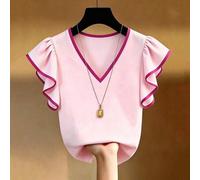 Damen-Chiffon-Top im französischen Stil mit V-Ausschnitt, schwarz-weißem Farbblock, Rüschen und kurzen Ärmeln, figurbetonend, hochwertig, neu für den