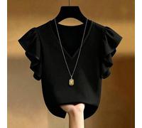 Damen-Chiffon-Top im französischen Stil mit V-Ausschnitt, schwarz-weißem Kontrast, Rüschen und kurzen Ärmeln, figurschmeichelnd, Premium-Sommer-Pendle