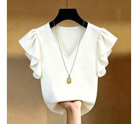 Damen-Chiffon-Top im französischen Stil mit V-Ausschnitt, schwarz-weißem Kontrast, Rüschen und kurzen Ärmeln, figurschmeichelnd, elegant, neu für den