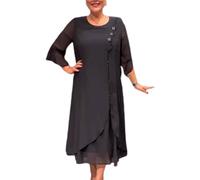 Damen Chiffonkleid, einfarbig, lockeres Kleid, Cocktailkleid für ältere Frauen, Rundhalsausschnitt, schwingend, mittellange Ärmel, Rüschenrock, Schwarz , L
