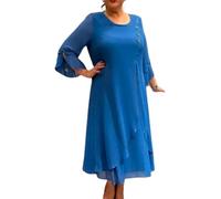 Damen Chiffonkleid, einfarbig, lockeres Kleid, Cocktailkleid für ältere Frauen, Rundhalsausschnitt, schwingend, mittellange Ärmel, Rüschenrock, blau, Small