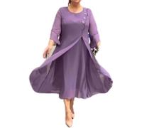 Damen Chiffonkleid, einfarbig, lockeres Kleid, Cocktailkleid für ältere Frauen, Rundhalsausschnitt, schwingend, mittellange Ärmel, Rüschenrock, violett, XXXXL
