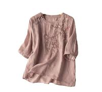 Damen Chinesisch Sommer Rundhalsausschnitt Mid-Ärmel Bestickt Top Retro Baumwolle und Leinen T-Shirt H-883 XS