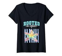 Damen Christlicher Bibelvers Rooted In Christ Floraler Seestern T-Shirt mit V-Ausschnitt