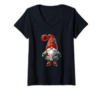 Damen Christmas GNOME with Knitted Christmas Hat Cute Ice Skating T-Shirt mit V-Ausschnitt