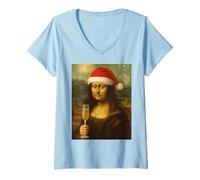 Damen Christmas & New Years EVE X Tired SAD Mona Lisa Prosecco T-Shirt mit V-Ausschnitt