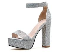 Damen Chunk High Heels Pumps Sandalen Strass Knöchelriemen Open Toe Sandal Cutout Dress Pump Schuhe,Silver,38 EU/7 US