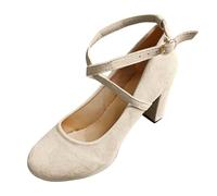 Damen Chunky Geschlossene Spangenpumps Blockabsatz Brautschuhe Hochzeitsschuhe Bequeme für Breite Füße Plateau Tanzschuhe Trachtenschuhe (Beige, 37)