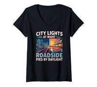 Damen City Lights at Night, Roadside pies by Daylight. usa T-Shirt mit V-Ausschnitt
