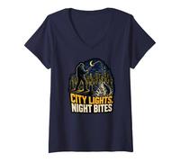 Damen City Lights Night Bites Urban Fishing World T-Shirt mit V-Ausschnitt