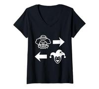 Damen Clowns auf der linken Seite, Joker auf der rechten Seite, lustiges Party-Design T-Shirt mit V-Ausschnitt