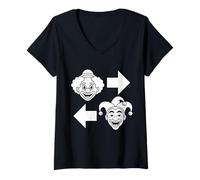 Damen Clowns nach rechts Joker nach Links Lustiges Halloween T-Shirt mit V-Ausschnitt