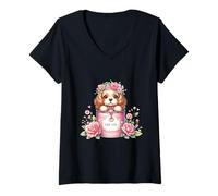 Damen Cocker Spaniel Puppy Eimer mit rosa Blumen T-Shirt mit V-Ausschnitt
