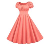 Damen Cocktailkleid Elegant 50er Jahre Kleider Vintage Rockabilly Kleid Kurzarm Quadratischer-Ausschnitt Faltenrock Swing Cocktailkleider Sommerkleid Partykleid Abendkleid