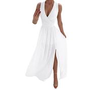 Damen Cocktailkleid Elegantes Vintage Kleid V Ausschnitt Ärmelloses Midikleid Partykleid A-Linie Abendkleid mit Schlitz Swing Sommerkleid für Hochzeit Party Festliche