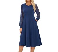 Damen Cocktailkleid Formell Midikleid Rundhals A-Linien Swing Business Kleid Spitze Langarm Sommerkleid Abendkleid Marineblau M