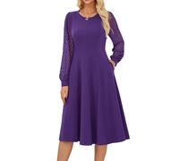 Damen Cocktailkleid Formell Midikleid Rundhals A-Linien Swing Business Kleid Spitze Langarm Sommerkleid Abendkleid Violett M