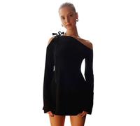 Damen Cocktailkleid Schulterfrei Sexy Langarm Partykleid Wickelkleid Bodycon Mini Kleid Abendkleider Einfarbig Festliche Elegant T Shirt Kleid