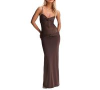 Damen Cocktailkleid Sexy Spitze Aushöhlen Transparent Ärmellos Spaghettiträger Slim Fit Maxi Party Club Abendkleid, A-Kaffee, Klein