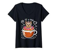 Damen Coffee Yorkshire Terrier Donut Yorkie Terriers T-Shirt mit V-Ausschnitt