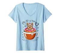 Damen Coffee Yorkshire Terrier Donut Yorkie Terriers T-Shirt mit V-Ausschnitt