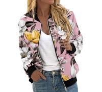 Damen College Jacke Dünne Sommerjacke Leichte Übergangsjacken Blumenmuster Frühling Sweatjacke Frühjahr Elegante Sportlich Freizeitjacke Blusenjacke Damenjacke Leicht Herbstjacke Rosa L