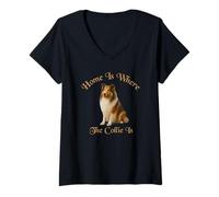 Damen Collie Shirt - Home is Where The Collie is - Wunderschöner Hund T-Shirt mit V-Ausschnitt