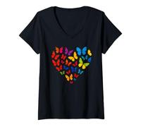 Damen Colorful Butterfly Heart Cute Butterflies T-Shirt mit V-Ausschnitt