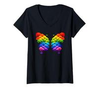 Damen Colorful Trees Butterfly Nature T-Shirt mit V-Ausschnitt