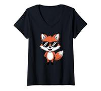 Damen Cool Charming Red Fox with Sunglasses T-Shirt mit V-Ausschnitt