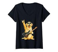 Damen Cool Rock Dog Golden Retriever Musikliebhaber Illustration T-Shirt mit V-Ausschnitt