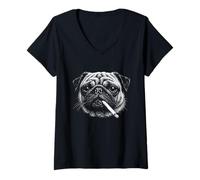 Damen Coole Mops rauchende Zigarette lustige Kunst Hundeliebhaber T-Shirt mit V-Ausschnitt