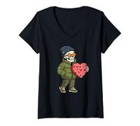Damen Coole Skelett-Pufferjacke mit Herzmotiv, Valentinstagsgeschenk T-Shirt mit V-Ausschnitt