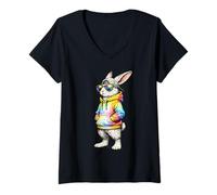 Damen Cooles Hasengesicht mit Sonnenbrille Kappe Ostern Tag Jungen Herren Kinder T-Shirt mit V-Ausschnitt