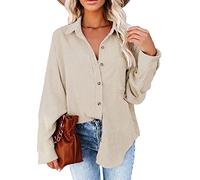 Damen Cordhemd Cordjacke Frauen Langarm Revers Bluse Hemd Einfarbig Tops Casual Oberteil Loost Fit Tuniken Freizeitbluse Streetwear mit Taschen und Knopfverschluss(XXL-Aprikose)