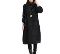 Damen Cordkleid, Winter-Fleece, dick, langärmelig, Turkragen, warm, Übergröße, langes Kleid mit Taschen, Schwarz , 3XL