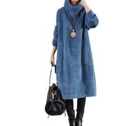 Damen Cordkleid, Winter-Fleece, dick, langärmelig, Turkragen, warm, Übergröße, langes Kleid mit Taschen, blau, L