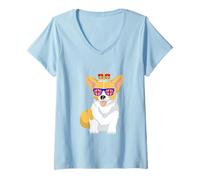 Damen Corgi Dog Queen Elizabeth II Sonnenbrille British Crown T-Shirt mit V-Ausschnitt