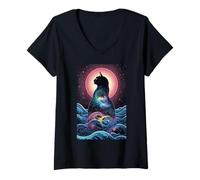 Damen Cosmic Cat Feline Stars Space Magic Mystic Paw T-Shirt mit V-Ausschnitt