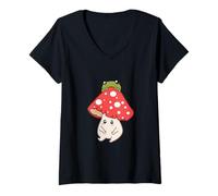 Damen Cottagecore Aesthetic Cute Kawaii Frosch Pilz T-Shirt mit V-Ausschnitt