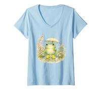 Damen Cottagecore Frosch mit Regenschirm, Aquarell, ästhetischer Frühling T-Shirt mit V-Ausschnitt