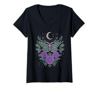Damen Cottagecore Goblincore Mond Lila Blume Schmetterling Motte T-Shirt mit V-Ausschnitt