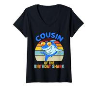 Damen Cousin der Shark Birthday Boys Passende Familie T-Shirt mit V-Ausschnitt