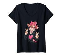 Damen Cow Girl Double Peace Zeichen Rosa Brille Pop Grafik Verspielt T-Shirt mit V-Ausschnitt