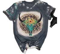 Damen Cowgirls Hemd Tops Vintage Western Stierkopf-Print T-Shirt Rundhalsausschnitt Cowboy Kurzarm Rinder Tops Rodeo Grafik T-Shirt