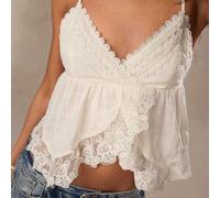 Damen Creme Leinen Stoff Urlaubs Lässig Spitze Stickerei Patchwork Rüschen Saum Camisole Top, geeignet für Leinen Top, Urlaubs Top, Strand Top, Lässig